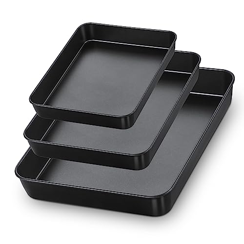 E-far Nonstick Baking Pans Set of 3, Rectangle Stainless Steel Sheet Cake Pan for Toaster Oven, 12.5/10.5/9.4 Inch, Black Bakeware for Brownie Lasagna Casserole Cake, Non-toxic & Healthy, 2 inch Deep