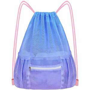 mesh drawstring backpack, large sports gym bag for women kids with pocket and zipper sackpack for beach yoga football soccer (blue)