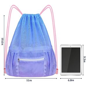 Mesh Drawstring Backpack, Large Sports Gym Bag for Women Kids with Pocket and Zipper Sackpack for Beach Yoga Football Soccer (Blue)