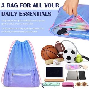 Mesh Drawstring Backpack, Large Sports Gym Bag for Women Kids with Pocket and Zipper Sackpack for Beach Yoga Football Soccer (Blue)