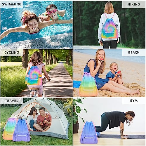 Mesh Drawstring Backpack, Large Sports Gym Bag for Women Kids with Pocket and Zipper Sackpack for Beach Yoga Football Soccer (Blue)