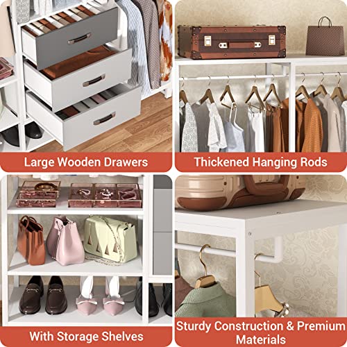 Aheaplus Wood Clothes Rack Wardrobe Closet for Hanging Clothes Heavy Duty Garment Rack, Large Corner L Shaped Closet System Organizers Walk-in Closet for Bedroom with 11 Shelves, 3 Wood Drawers, White