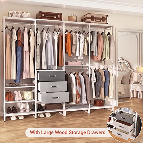 Aheaplus Wood Clothes Rack Wardrobe Closet for Hanging Clothes Heavy Duty Garment Rack, Large Corner L Shaped Closet System Organizers Walk-in Closet for Bedroom with 11 Shelves, 3 Wood Drawers, White