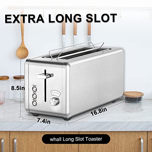 WHALL Long Slot Toaster 4 Slice Brushed Stainless Steel Toaster, 7 Toast Settings with Bagel/Cancel/Defrost Functions, Toaster Warming Rack&Removable Tray for Various Bread Types 1400W,Silver