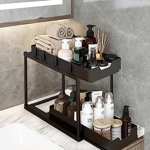 Auzeuner 2 Pack Under Sink Organizers and Storage, 2-Tier Sliding Cabinet Basket Organizer with Hooks Hanging Cup, Multi-Purpose Under Sink Organizers and Storage for Bathroom Kitchen, (Black)