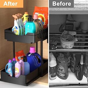 Auzeuner 2 Pack Under Sink Organizers and Storage, 2-Tier Sliding Cabinet Basket Organizer with Hooks Hanging Cup, Multi-Purpose Under Sink Organizers and Storage for Bathroom Kitchen, (Black)