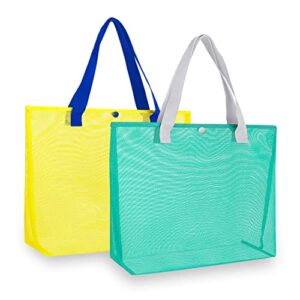 hsmyank 2pack large lightweight simple mesh beach tote bag with snap button reusable pool bag for outdoor travel shopping gym (yello+lake green)