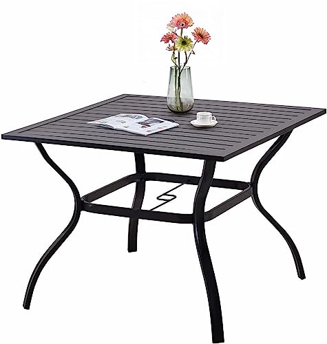 Patio Table with Umbrella Hole 37 Inch Outdoor Patio Table Outdoor Dining Tables Outdoor Metal Table Steel Slat Square Patio Dining Table with 1.57" Umbrella Hole for Garden, Backyard and Porch