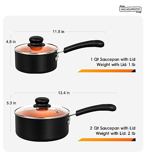 Michelangelo Nonstick Sauce Pan With Lid, 1QT&2QT Ceramic Saucepan, Copper Saucepans,PFAS-FREE Pot Set,Small Pots For Cooking,Multipurpose Cooking Pots Set For Home Kitchen,Dishwasher Safe