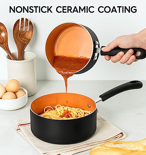 Michelangelo Nonstick Sauce Pan With Lid, 1QT&2QT Ceramic Saucepan, Copper Saucepans,PFAS-FREE Pot Set,Small Pots For Cooking,Multipurpose Cooking Pots Set For Home Kitchen,Dishwasher Safe