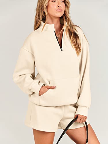 ANRABESS Women Two Piece Outfits 2023 Fall Clothes Set Sweatsuit Oversized Half Zipper Fleece Sweatshirt Casual Comfy Short Lounge Matching 1030mibai-S