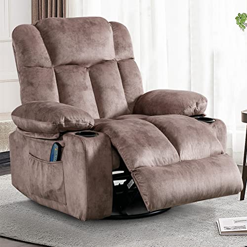 INZOY Massage Swivel Rocker Recliner with Heat and Vibration, Manual Swivel Rocking Recliner Chair with Vibrating Massage, Soft Fabric Heated Recliner Comfy Overstuffed Recliner with Cup Holder, Brown