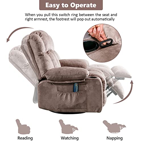 INZOY Massage Swivel Rocker Recliner with Heat and Vibration, Manual Swivel Rocking Recliner Chair with Vibrating Massage, Soft Fabric Heated Recliner Comfy Overstuffed Recliner with Cup Holder, Brown