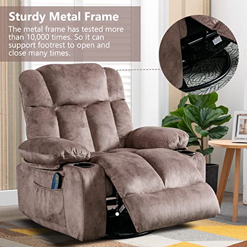 INZOY Massage Swivel Rocker Recliner with Heat and Vibration, Manual Swivel Rocking Recliner Chair with Vibrating Massage, Soft Fabric Heated Recliner Comfy Overstuffed Recliner with Cup Holder, Brown