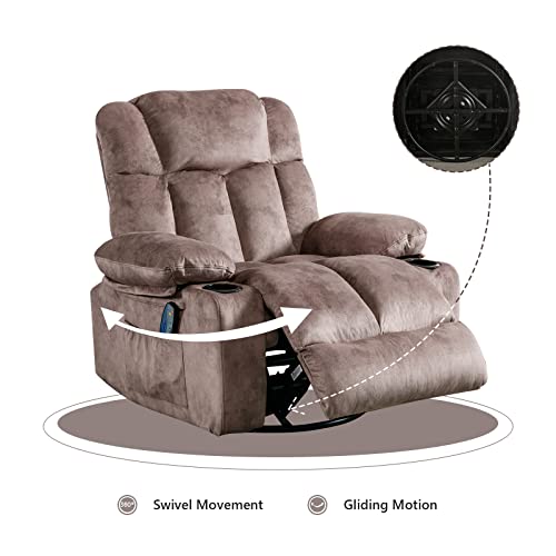 INZOY Massage Swivel Rocker Recliner with Heat and Vibration, Manual Swivel Rocking Recliner Chair with Vibrating Massage, Soft Fabric Heated Recliner Comfy Overstuffed Recliner with Cup Holder, Brown