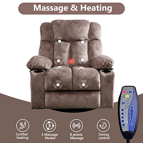 INZOY Massage Swivel Rocker Recliner with Heat and Vibration, Manual Swivel Rocking Recliner Chair with Vibrating Massage, Soft Fabric Heated Recliner Comfy Overstuffed Recliner with Cup Holder, Brown