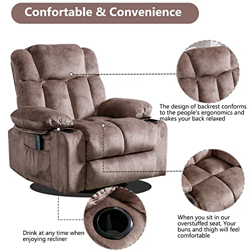 INZOY Massage Swivel Rocker Recliner with Heat and Vibration, Manual Swivel Rocking Recliner Chair with Vibrating Massage, Soft Fabric Heated Recliner Comfy Overstuffed Recliner with Cup Holder, Brown