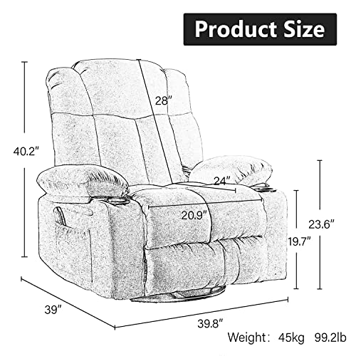 INZOY Massage Swivel Rocker Recliner with Heat and Vibration, Manual Swivel Rocking Recliner Chair with Vibrating Massage, Soft Fabric Heated Recliner Comfy Overstuffed Recliner with Cup Holder, Brown