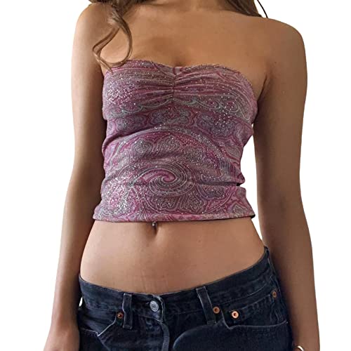 Y2k Lace Tube Top for Women Strapless Backless Mesh Sheer Slim Fit Crop Bandeau Sexy Sleeveless Going Out Clothing (Purple-1, L)