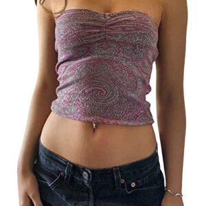 Y2k Lace Tube Top for Women Strapless Backless Mesh Sheer Slim Fit Crop Bandeau Sexy Sleeveless Going Out Clothing (Purple-1, L)