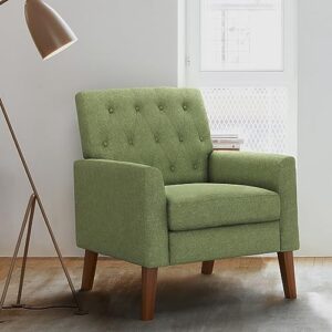 lue bona avocado green linen accent chair 18.5" h, button tufted armchair, comfy living room chair with arms, upholstered modern arm chairs for bedroom, living room