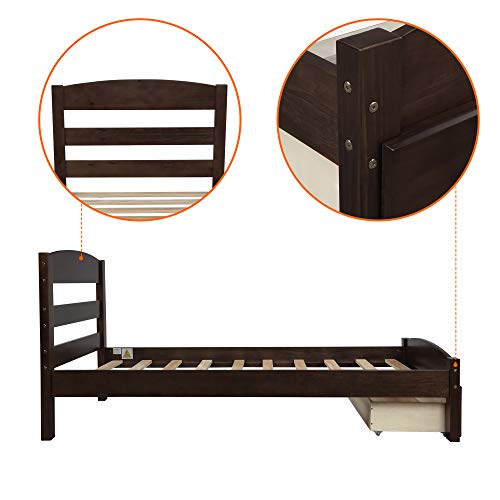 Anwickhomk Twin Size Platform Bed with Storage Drawer,Wood Platform Bed Frame with Headboard/Footboard/Slat Support,No Box Spring Needed (Espresso)