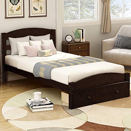 Anwickhomk Twin Size Platform Bed with Storage Drawer,Wood Platform Bed Frame with Headboard/Footboard/Slat Support,No Box Spring Needed (Espresso)