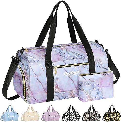 Pritent Gym Bag for Women with Shoe Compartment, Sport Gym Tote Bags Waterproof Travel Duffle Carry on Weekender Overnight Bag for Hospital Yoga Beach Maternity Mommy 20inch Pink Marble