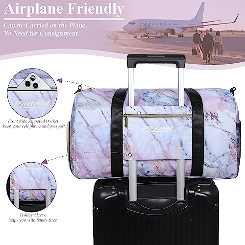 Pritent Gym Bag for Women with Shoe Compartment, Sport Gym Tote Bags Waterproof Travel Duffle Carry on Weekender Overnight Bag for Hospital Yoga Beach Maternity Mommy 20inch Pink Marble