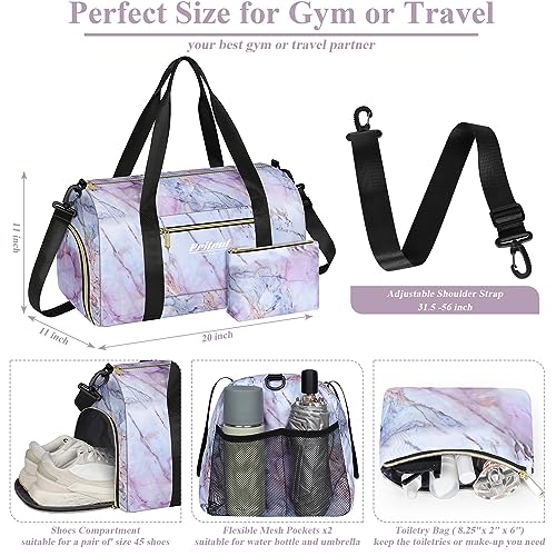 Pritent Gym Bag for Women with Shoe Compartment, Sport Gym Tote Bags Waterproof Travel Duffle Carry on Weekender Overnight Bag for Hospital Yoga Beach Maternity Mommy 20inch Pink Marble