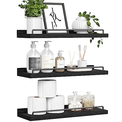 RYOFOBETTO Floating Shelves for Wall Decor Bathroom Shelves Over Toilet, Farmhouse Wall Shelves for Living Room, Bedroom, Picture Frames, Plants, Kitchen (Black, Set of 3)