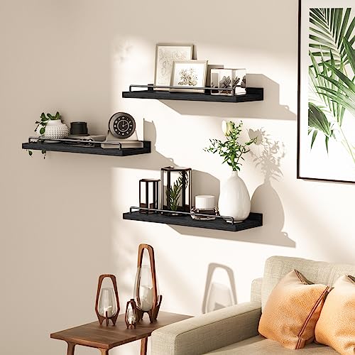 RYOFOBETTO Floating Shelves for Wall Decor Bathroom Shelves Over Toilet, Farmhouse Wall Shelves for Living Room, Bedroom, Picture Frames, Plants, Kitchen (Black, Set of 3)