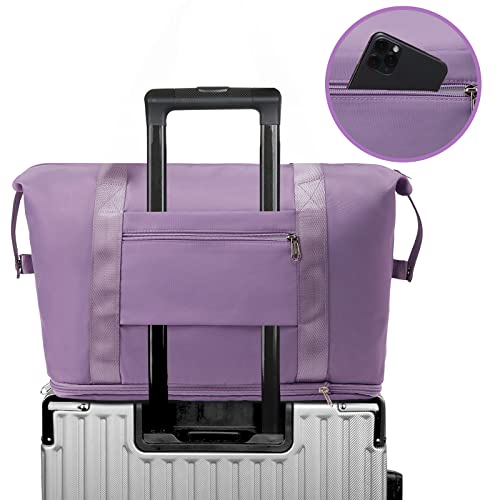 ZGWJ Travel Tote Bags, Expandable Overnight Weekender Bag for Women Foldable Carry-On Bag Hospital Bag Essentials Workout Bag Spirit Airlines Personal Item Bag with Trolley Sleeve, Purple