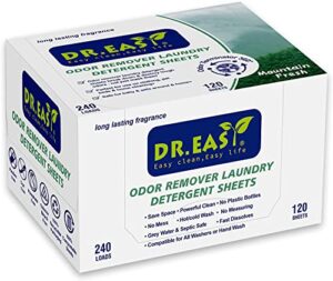 dr.easy odor remover laundry detergent sheets 240 loads mountain fresh,easy to carry great for travel,safe for pets,no mess no dyes biodegradable formula