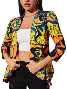 wdirara women's printed open front 3/4 sleeve blazer ruffle jacket outerwear printed yellow l