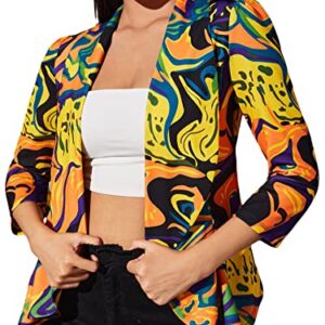 WDIRARA Women's Printed Open Front 3/4 Sleeve Blazer Ruffle Jacket Outerwear Printed Yellow L