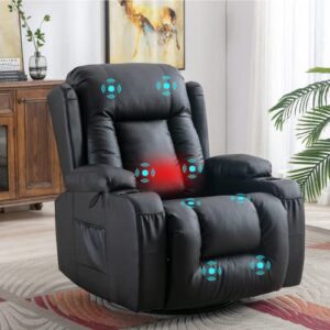 obbolly swivel rocker recliner chair with massage, manual glider rocking recliner chair, wingback design 360?swivel chair with lumbar pillow, cup holders for living room (single, black-pu)
