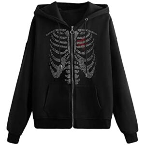 SHENHE Women's Punk Skeleton Graphic Zip Up Hoodie Oversized Rhinestone Drawstring Sweatshirt Black S