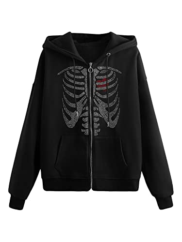 SHENHE Women's Punk Skeleton Graphic Zip Up Hoodie Oversized Rhinestone Drawstring Sweatshirt Black S