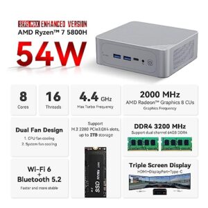 Beelink SER5 Mini PC with AMD Ryzen 7 5800H(8C/16T, up to 4.4GHz) Mini Computer, 32GB DDR4 500GB NVMe SSD, 4K HD Triple Display HDMI/Type-C, WiFi 6, Bluetooth 5.2,Gray