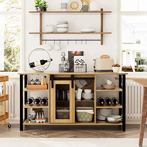 Senfot Wine Bar Cabinet, Farmhouse Wood Coffee Bar Cabinet with Wine Rack for Liquor and Glasses, Industrial Sideboard Buffet Cabinet for Kitchen (55 Inch, NAT-Brown)