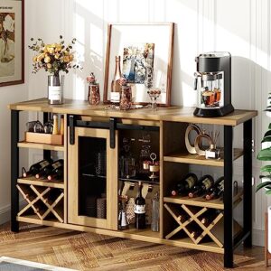 Senfot Wine Bar Cabinet, Farmhouse Wood Coffee Bar Cabinet with Wine Rack for Liquor and Glasses, Industrial Sideboard Buffet Cabinet for Kitchen (55 Inch, NAT-Brown)