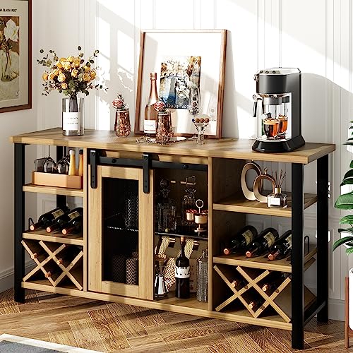 Senfot Wine Bar Cabinet, Farmhouse Wood Coffee Bar Cabinet with Wine Rack for Liquor and Glasses, Industrial Sideboard Buffet Cabinet for Kitchen (55 Inch, NAT-Brown)