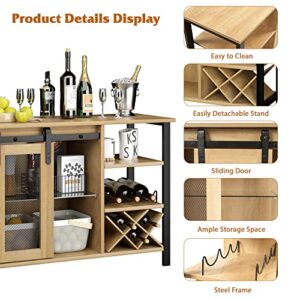 Senfot Wine Bar Cabinet, Farmhouse Wood Coffee Bar Cabinet with Wine Rack for Liquor and Glasses, Industrial Sideboard Buffet Cabinet for Kitchen (55 Inch, NAT-Brown)