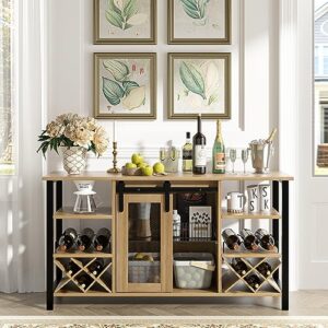 Senfot Wine Bar Cabinet, Farmhouse Wood Coffee Bar Cabinet with Wine Rack for Liquor and Glasses, Industrial Sideboard Buffet Cabinet for Kitchen (55 Inch, NAT-Brown)