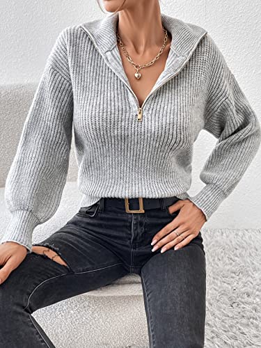 Verdusa Women's Casual Zip Up Long Sleeve Pullover Sweater V Neck Collar Knitted Top Light Grey S