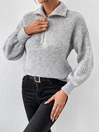Verdusa Women's Casual Zip Up Long Sleeve Pullover Sweater V Neck Collar Knitted Top Light Grey S