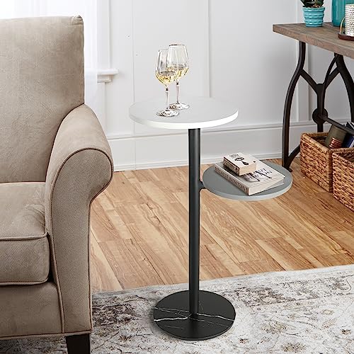 Drink Table, Small Side Table for Small Spaces, Round Cocktail Table, Pedestal Table with 2-Tier Shelves, Wooden Martini Table (25''H)