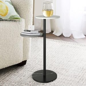 Drink Table, Small Side Table for Small Spaces, Round Cocktail Table, Pedestal Table with 2-Tier Shelves, Wooden Martini Table (25''H)