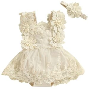 mubineo baby girl summer clothes lace romper skirt dress princess outfits sleeveless flower newborn outfit (beige, 3-6 months)